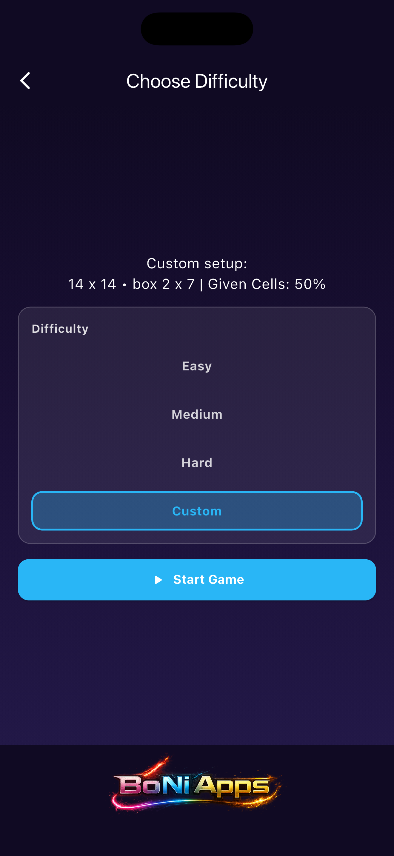 Sudoku Infinity difficulty options